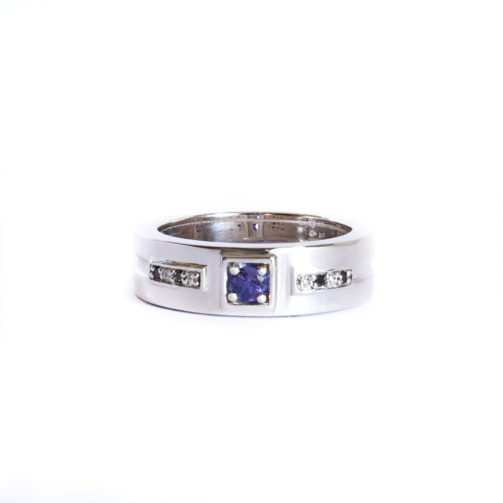 African King Tanzanite with Black and White Diamond Highlight White Gold Band