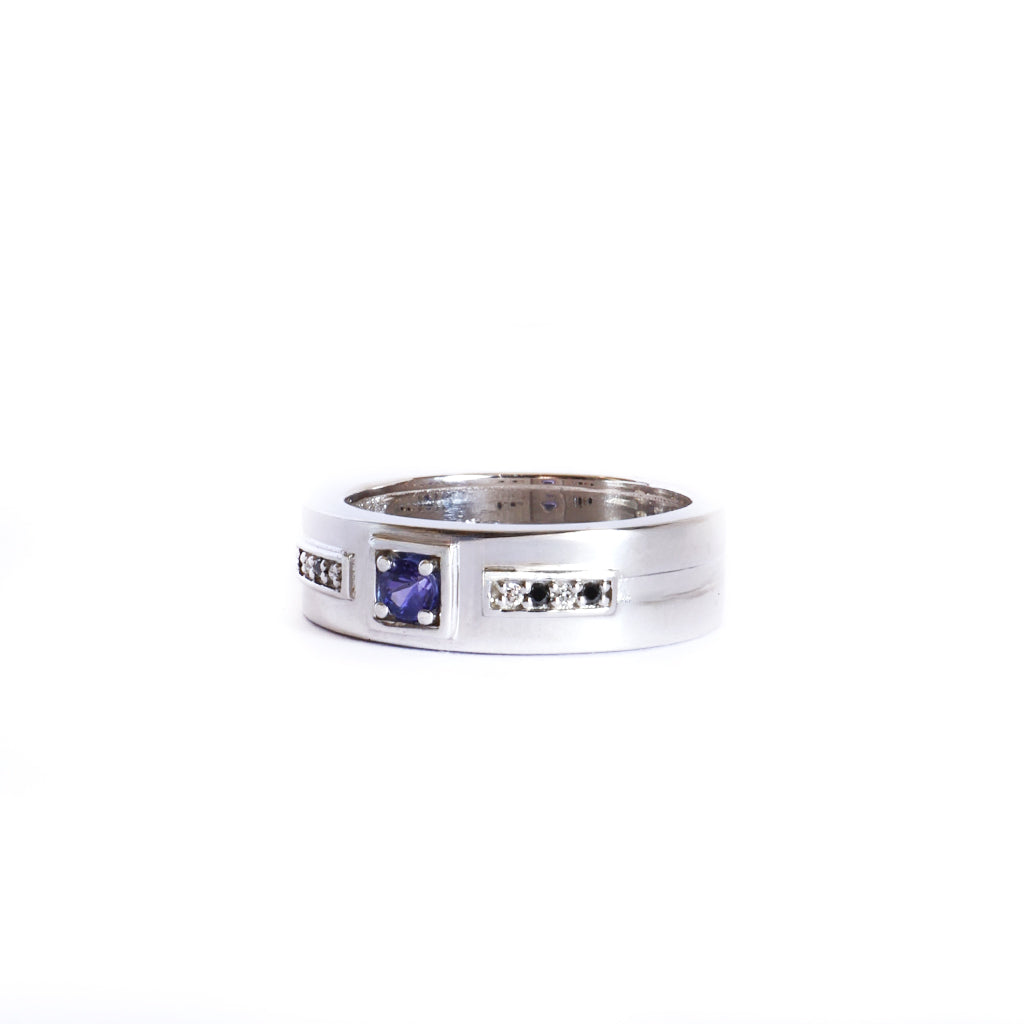 African King Tanzanite with Black and White Diamond Highlight White Gold Band