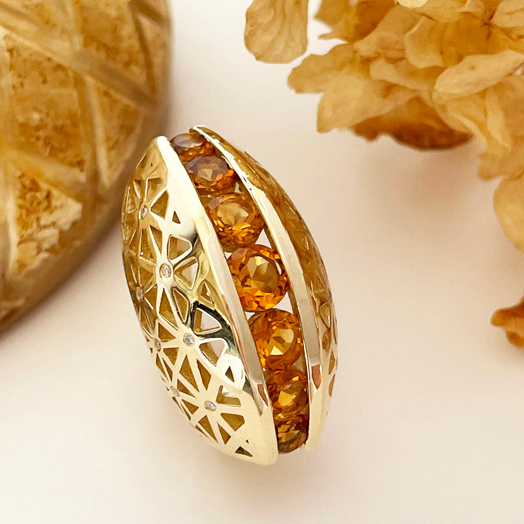 Afrogem Citrine And Diamond Raised Pattern Statement Ring in Yellow Gold