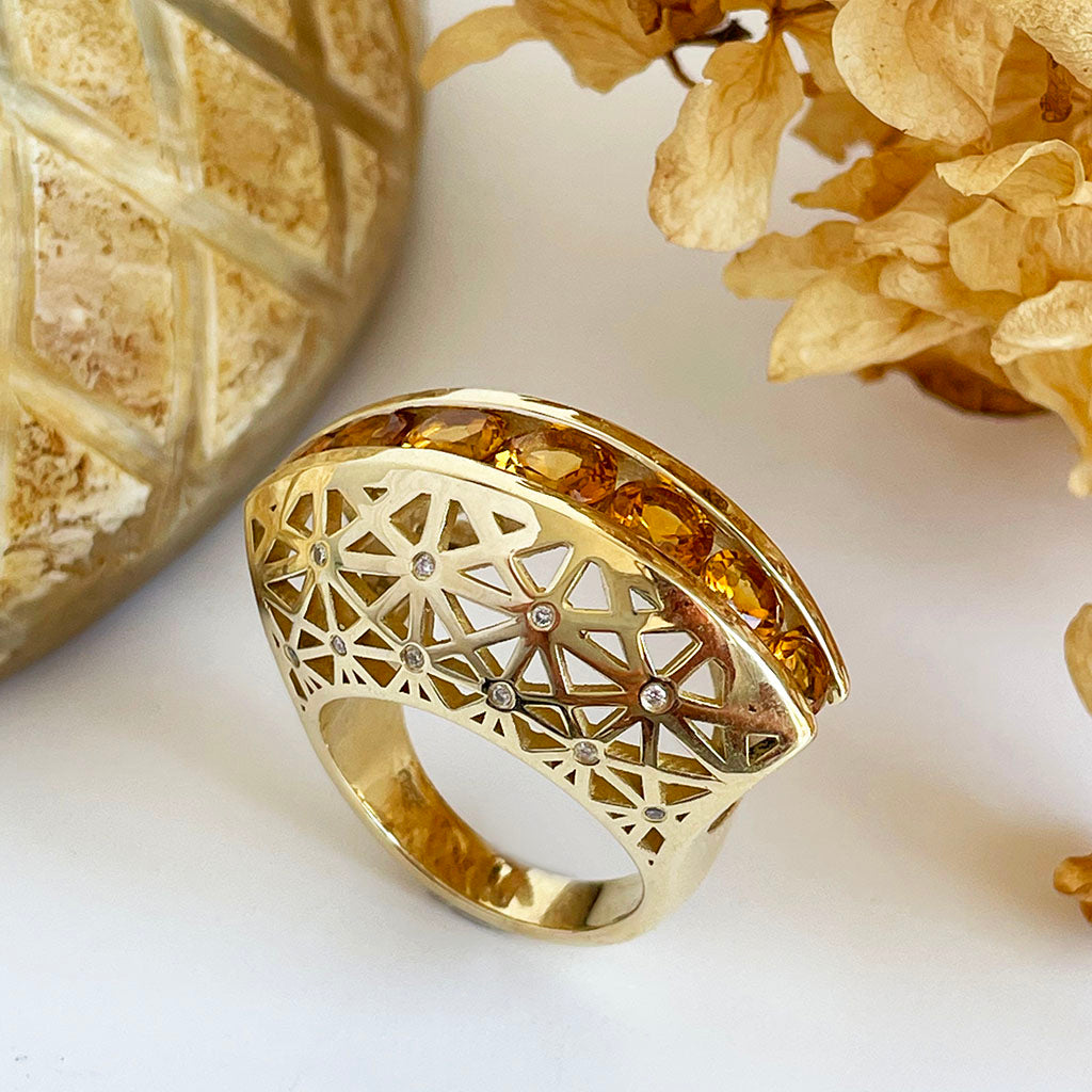 Afrogem Citrine And Diamond Raised Pattern Statement Ring in Yellow Gold