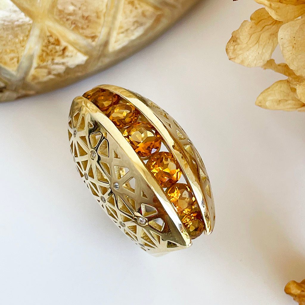 Afrogem Citrine And Diamond Raised Pattern Statement Ring in Yellow Gold