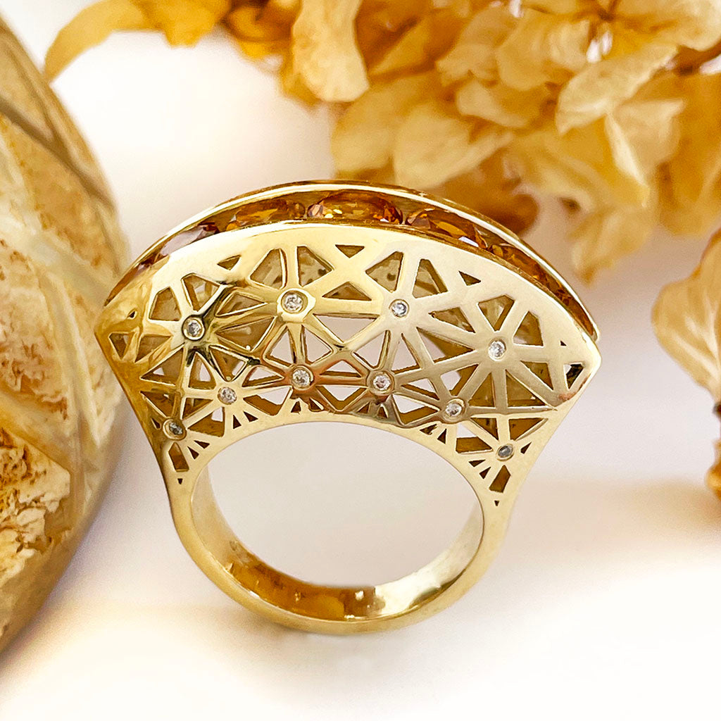 Afrogem Citrine And Diamond Raised Pattern Statement Ring in Yellow Gold