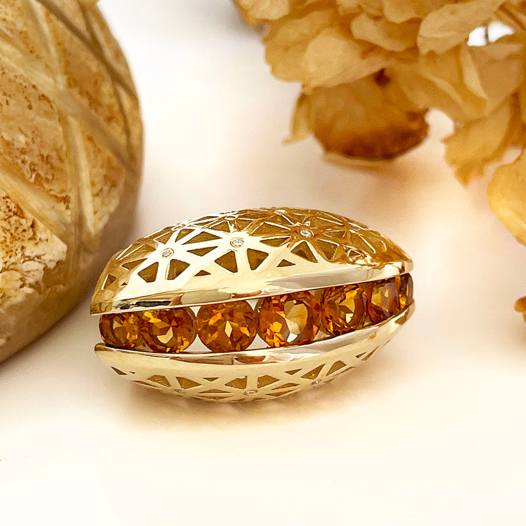 Afrogem Citrine And Diamond Raised Pattern Statement Ring in Yellow Gold