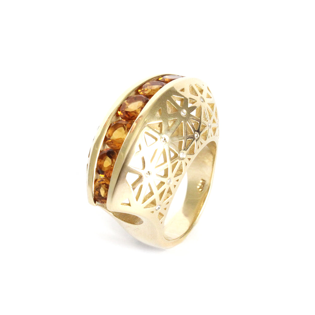 Afrogem Citrine And Diamond Raised Pattern Statement Ring in Yellow Gold