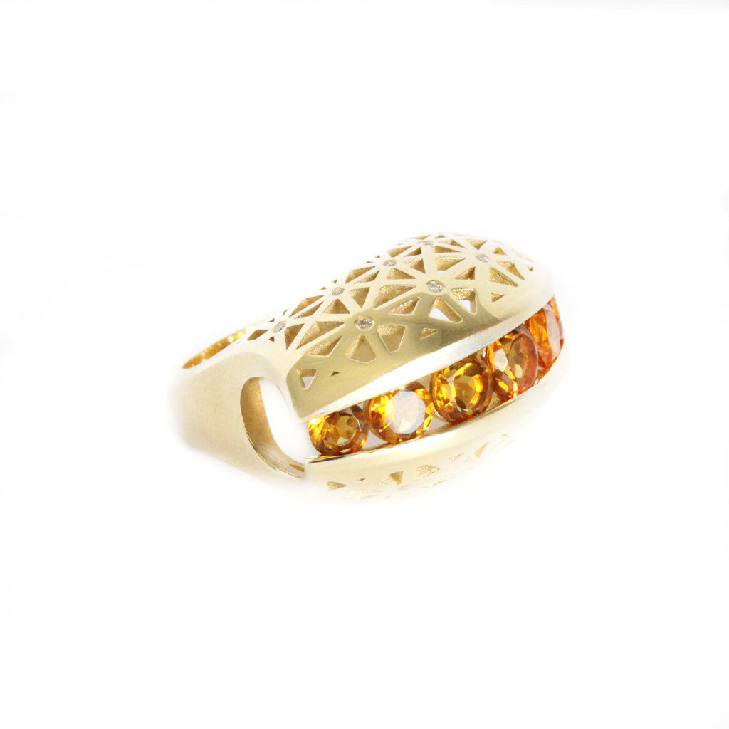 Afrogem Citrine And Diamond Raised Pattern Statement Ring in Yellow Gold