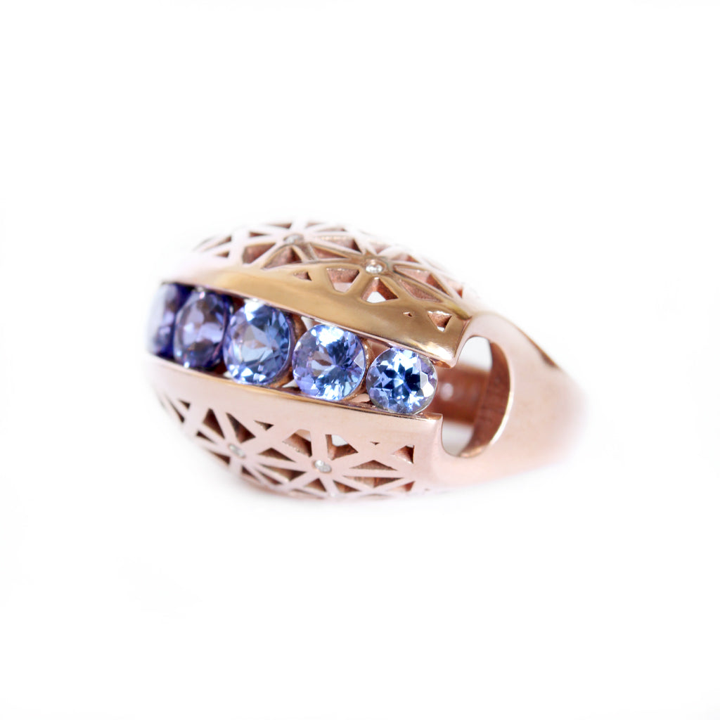 Afrogem Tanzanite And Diamond Raised Pattern Statement Ring in Rose Gold