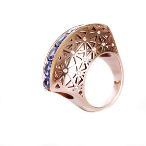 Afrogem Tanzanite And Diamond Raised Pattern Statement Ring in Rose Gold