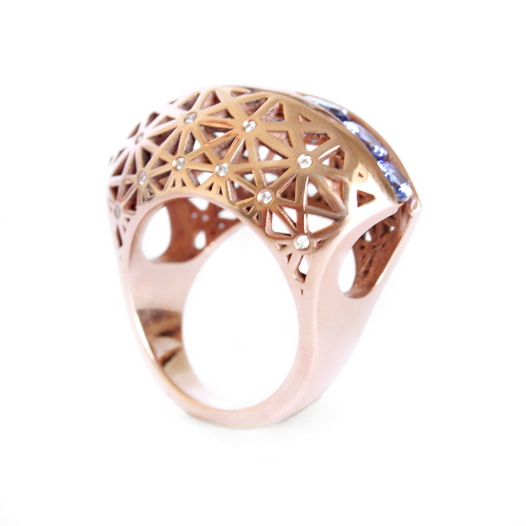 Afrogem Tanzanite And Diamond Raised Pattern Statement Ring in Rose Gold