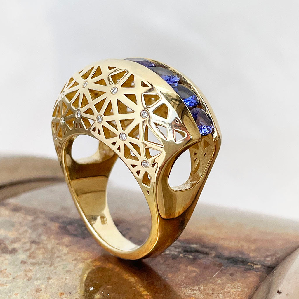 African Tanzanite and Diamond Yellow Gold ring