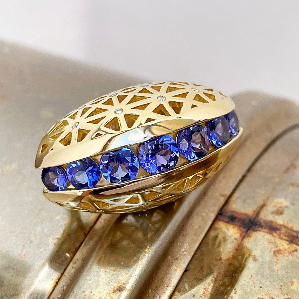 African Tanzanite and Diamond Yellow Gold ring