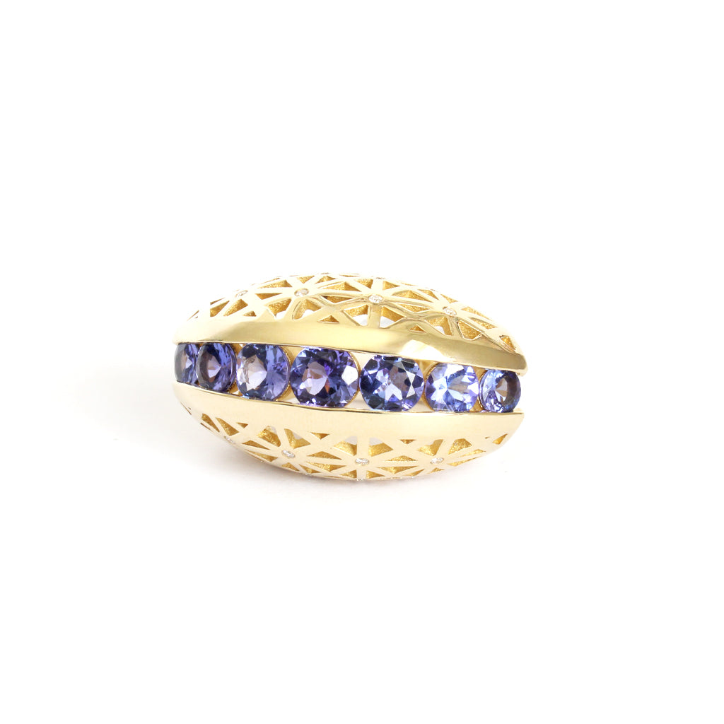 Afrogem Tanzanite And Diamond Raised Pattern Statement Ring in Yellow Gold