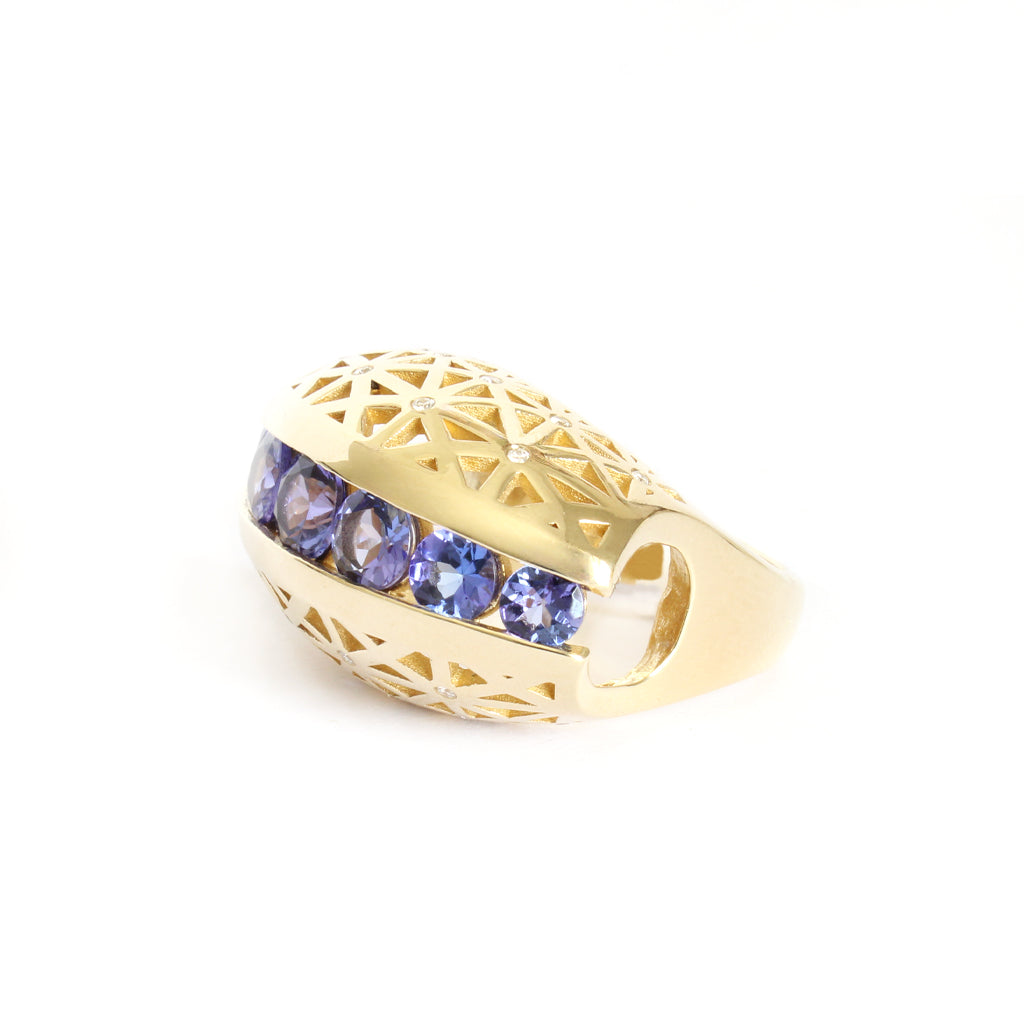 Afrogem Tanzanite And Diamond Raised Pattern Statement Ring in Yellow Gold