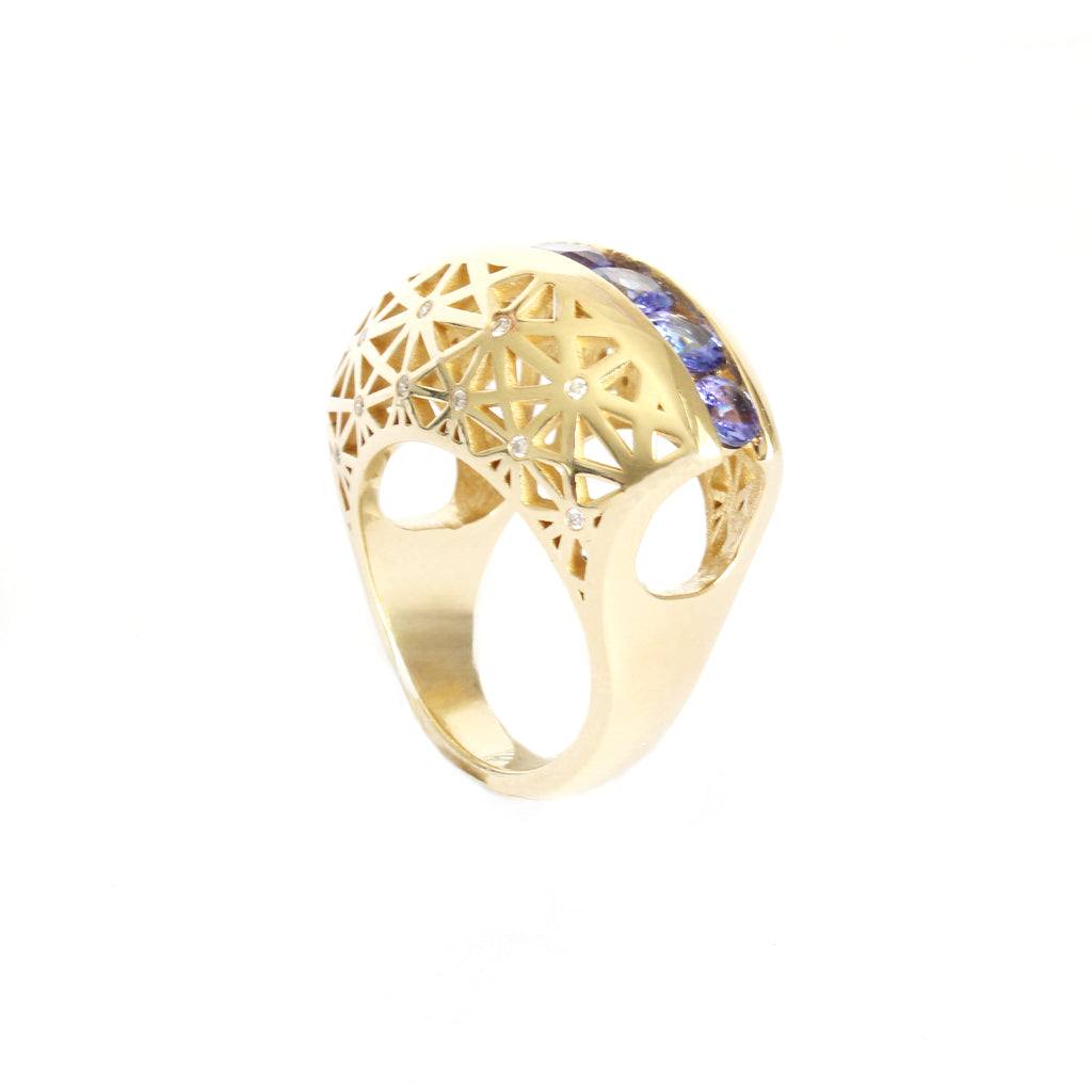 Afrogem Tanzanite And Diamond Raised Pattern Statement Ring in Yellow Gold