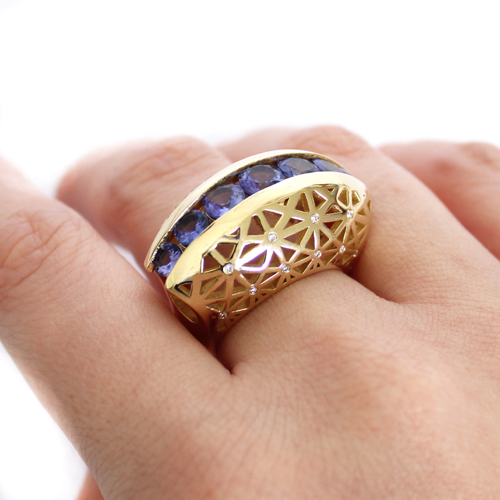 Afrogem Tanzanite And Diamond Raised Pattern Statement Ring in Yellow Gold