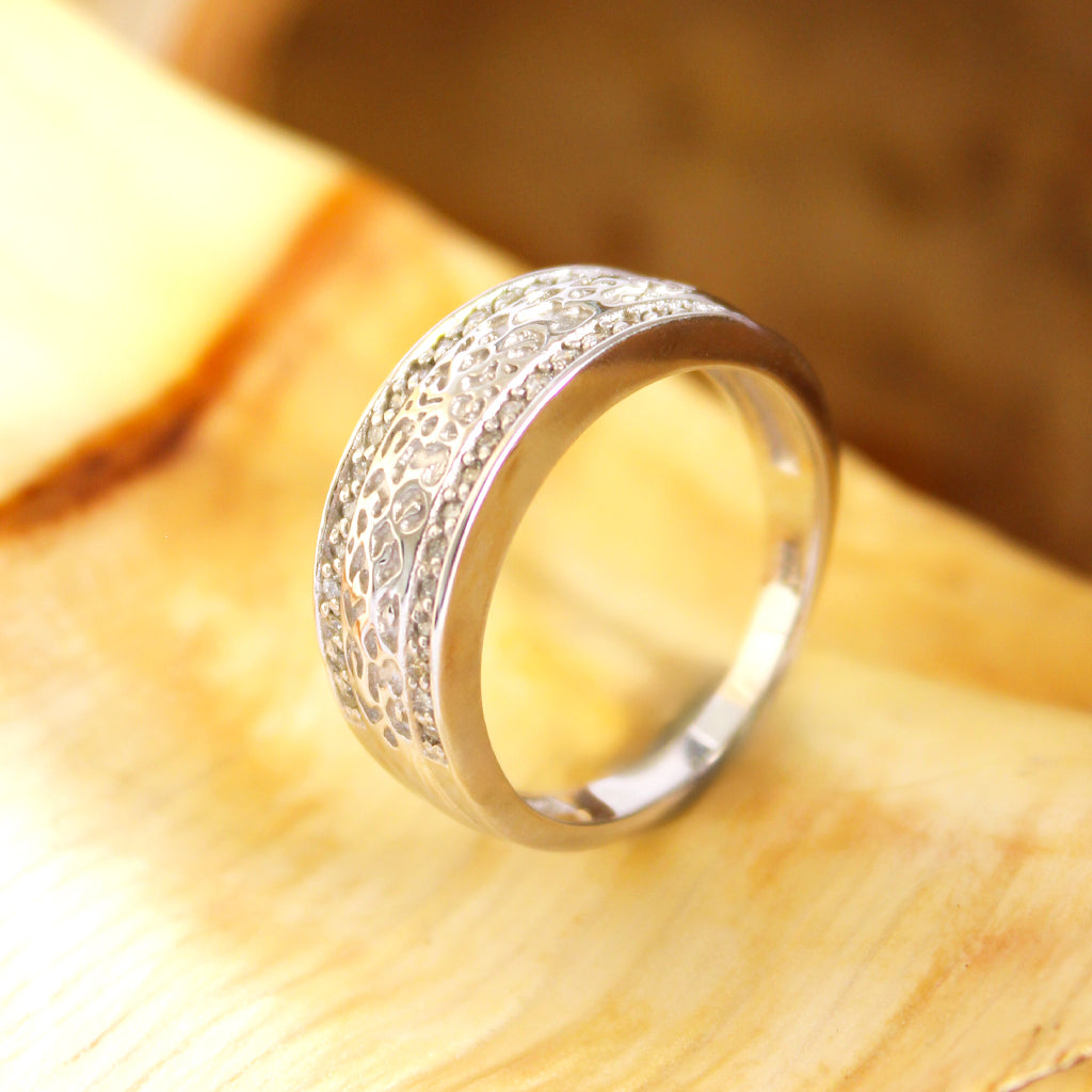 Animal Track With Diamond Border White Gold Ring