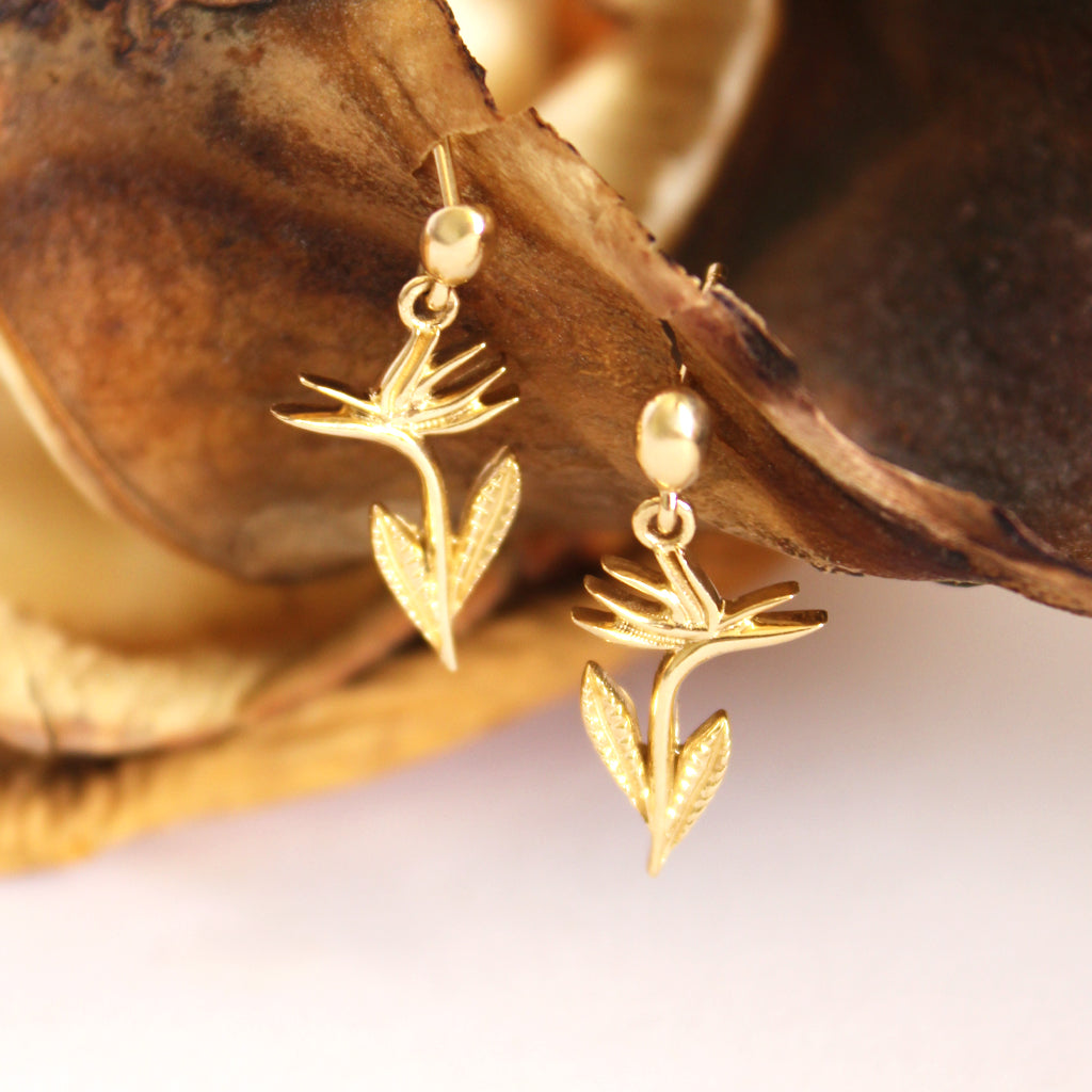 Bird of Paradise Yellow Gold Drop Earrings