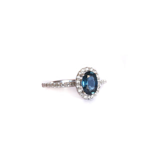 Blue Hued Teal Sapphire and Diamond Halo and Band White Gold Ring Wedding Set