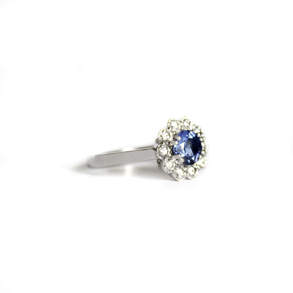 Botanical Tanzanite and Beaded Set Diamond Halo White Gold Ring