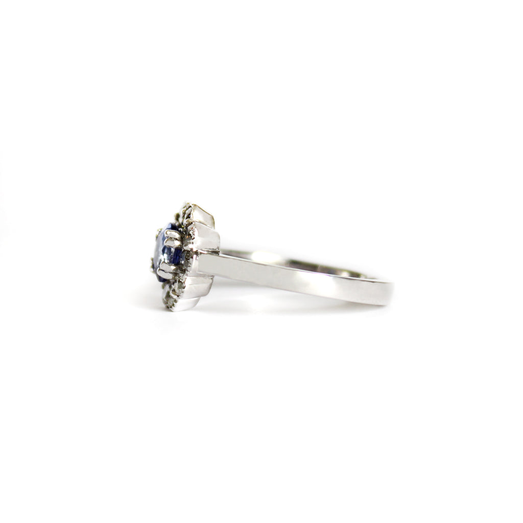 Botanical Tanzanite and Beaded Set Diamond Halo White Gold Ring