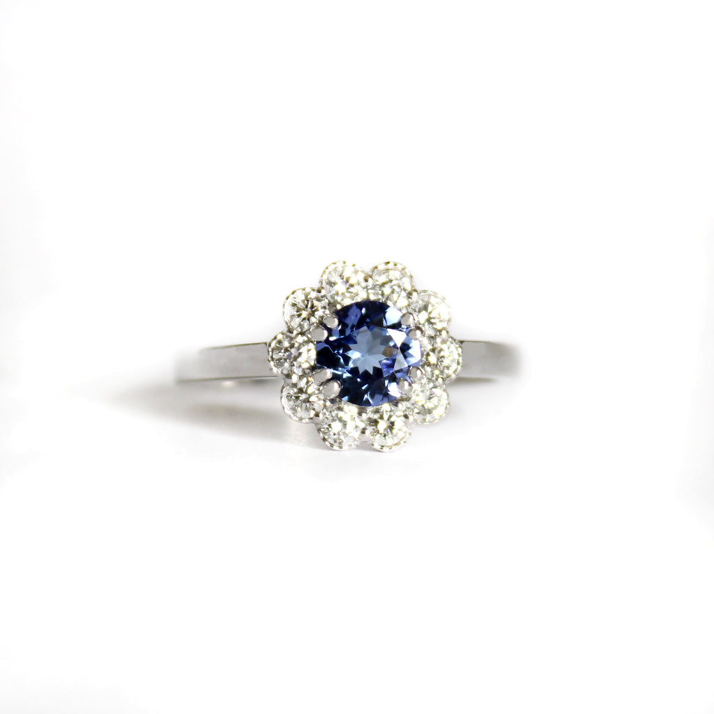 Botanical Tanzanite and Beaded Set Diamond Halo White Gold Ring