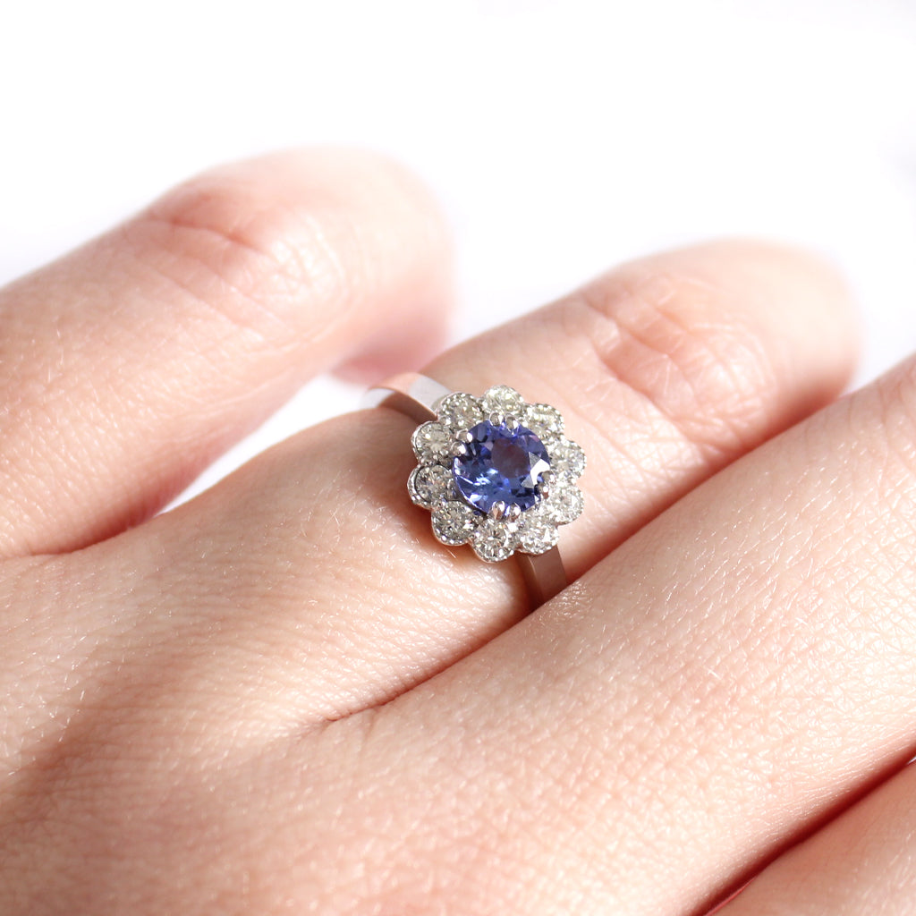 Botanical Tanzanite and Beaded Set Diamond Halo White Gold Ring