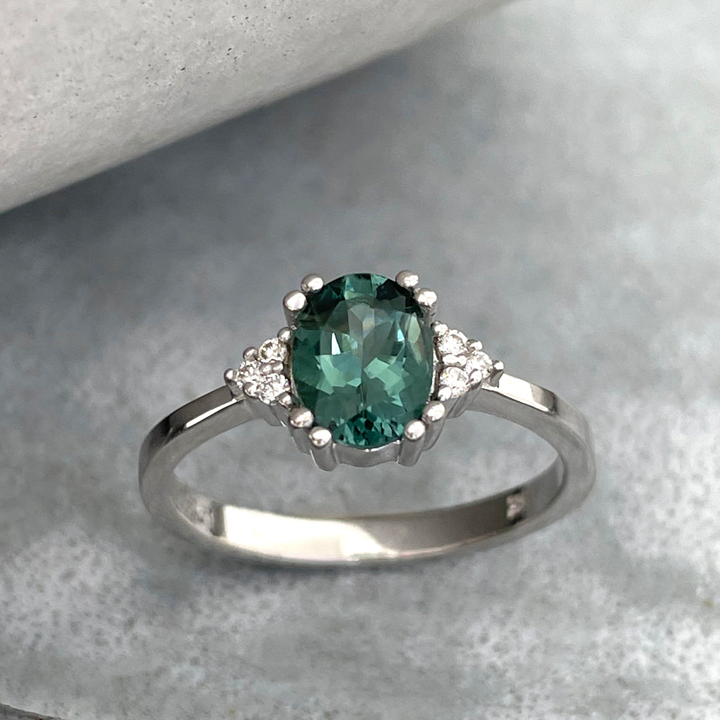 Breathtaking Oval Cut Sea Green Tourmaline With Trilogy Diamond Shoulder Highlight Ring