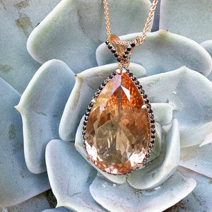 Breathtaking Peach Pear Morganite, Black Diamond Halo Rose Gold Pendant