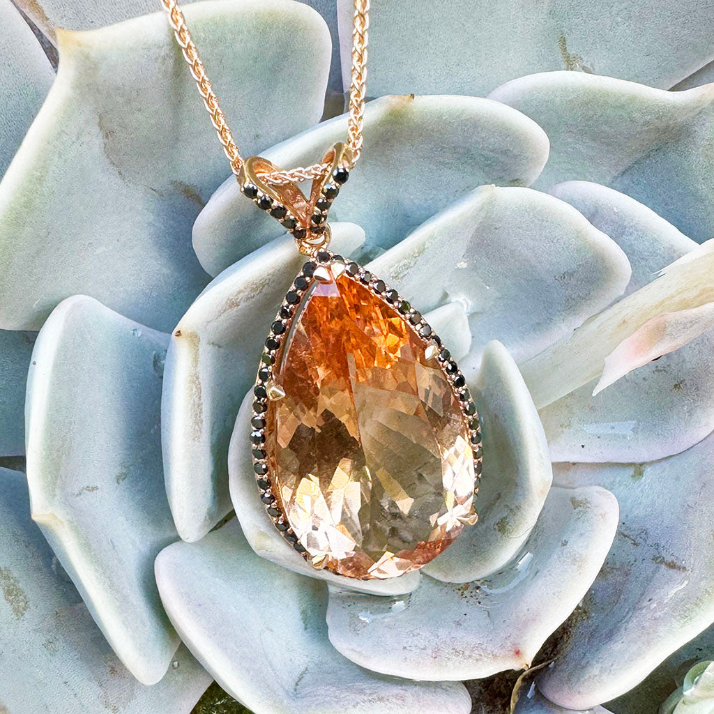 Breathtaking Peach Pear Morganite, Black Diamond Halo Rose Gold Pendant