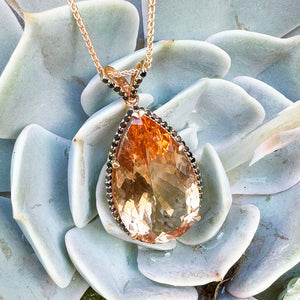 Breathtaking Peach Pear Morganite, Black Diamond Halo Rose Gold Pendant