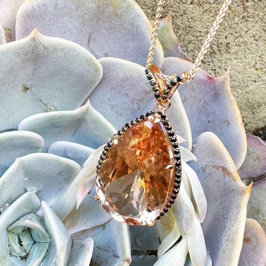 Breathtaking Peach Pear Morganite, Black Diamond Halo Rose Gold Pendant