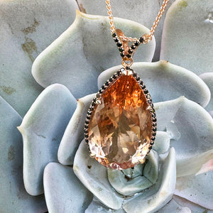 Breathtaking Peach Pear Morganite, Black Diamond Halo Rose Gold Pendant