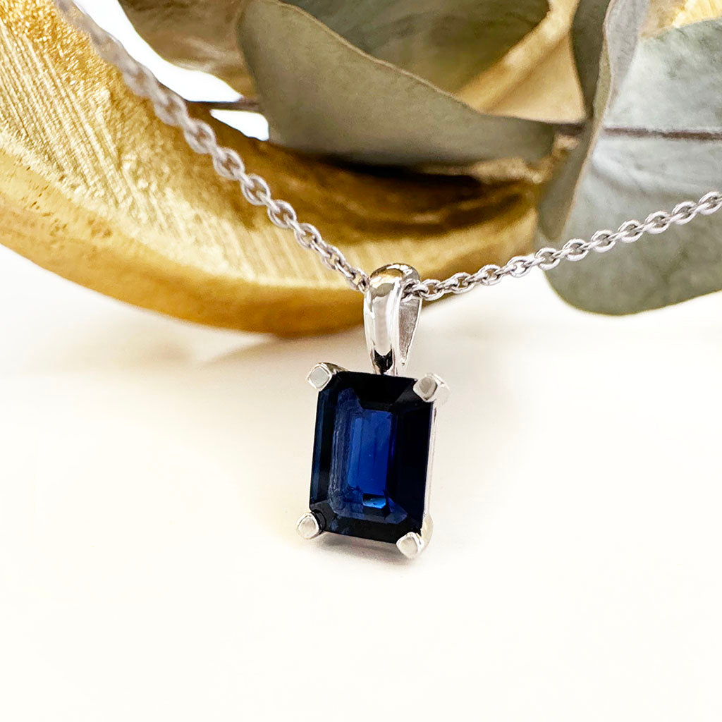 Classic Emerald Cut Sapphire White Gold Pendant