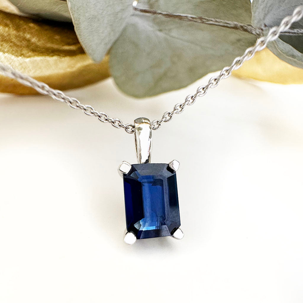 Classic Emerald Cut Sapphire White Gold Pendant