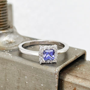 Square cut Tanzanite diamond halo ring