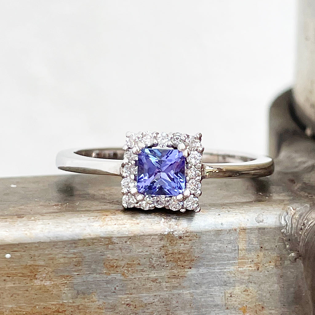 Square cut Tanzanite diamond halo ring