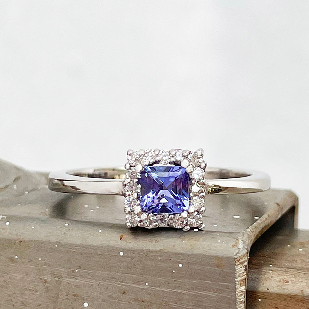 Square cut Tanzanite diamond halo ring