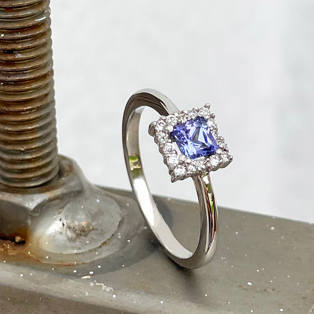 Square cut Tanzanite diamond halo ring