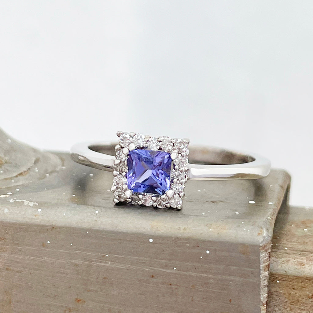 Square cut Tanzanite diamond halo ring