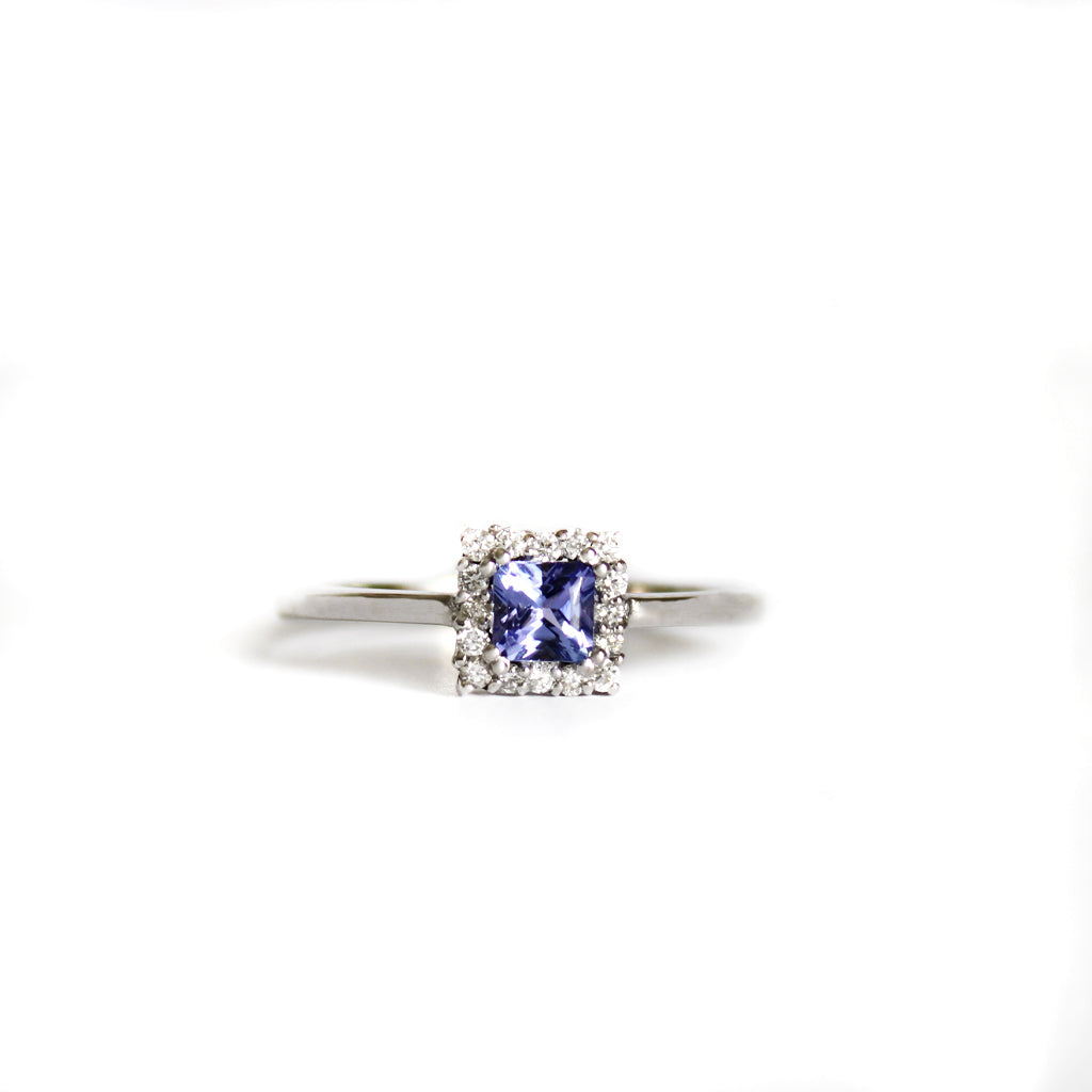 Contemporary Square Cut Tanzanite and Square Set Diamond Halo White Gold Ring