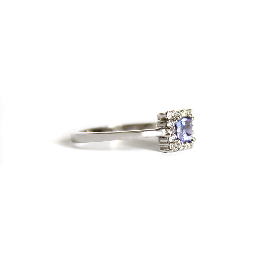 Contemporary Square Cut Tanzanite and Square Set Diamond Halo White Gold Ring