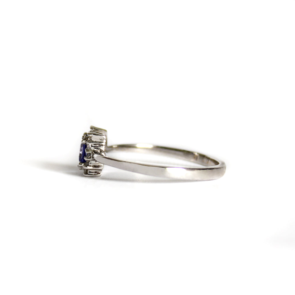 Contemporary Square Cut Tanzanite and Square Set Diamond Halo White Gold Ring