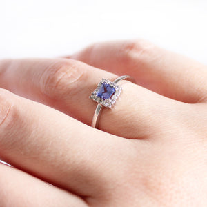 Contemporary Square Cut Tanzanite and Square Set Diamond Halo White Gold Ring