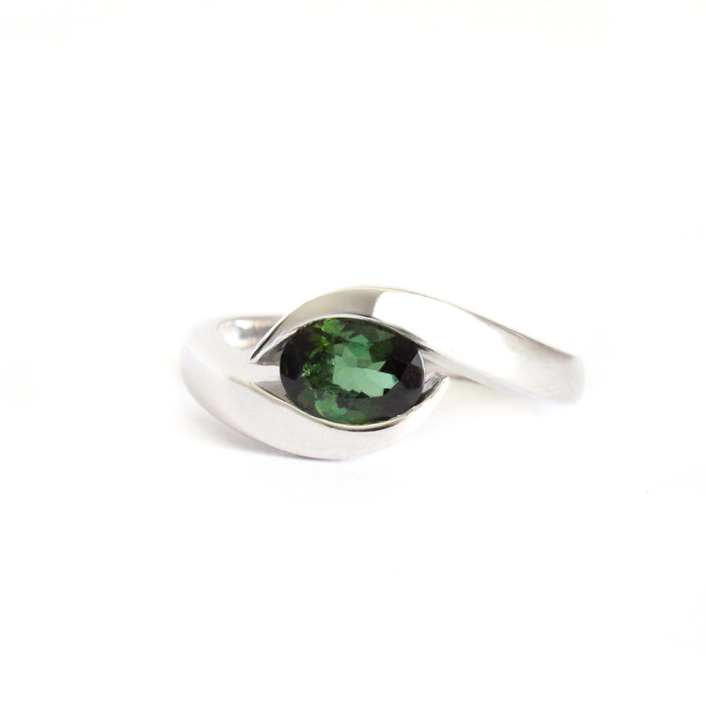 Curvaceous Split Band Oval Green Tourmaline White Gold Ring