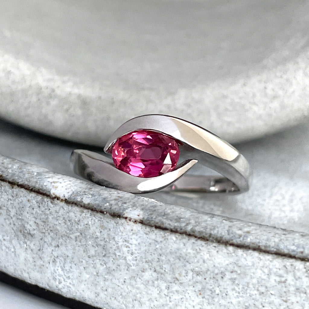 Curvaceous Split Band Oval Pink Tourmaline White Gold Ring