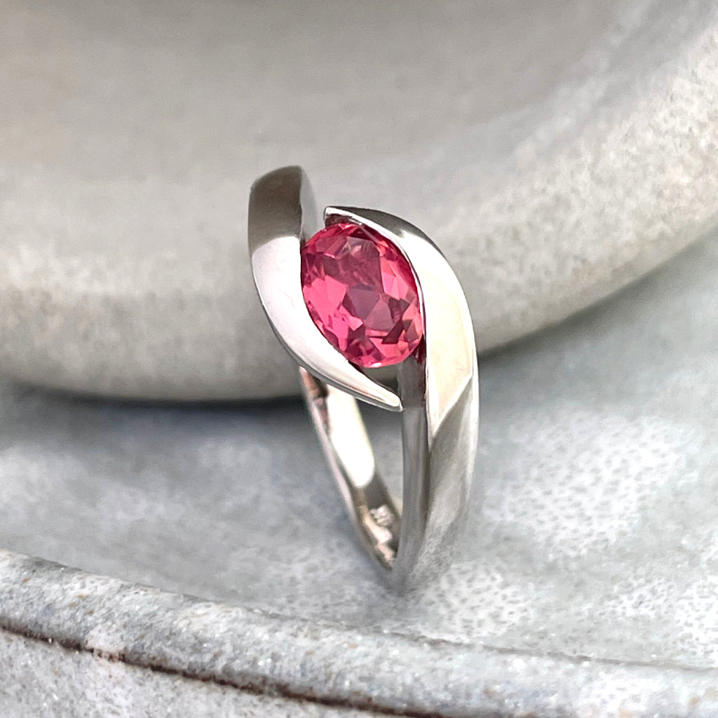 Curvaceous Split Band Oval Pink Tourmaline White Gold Ring