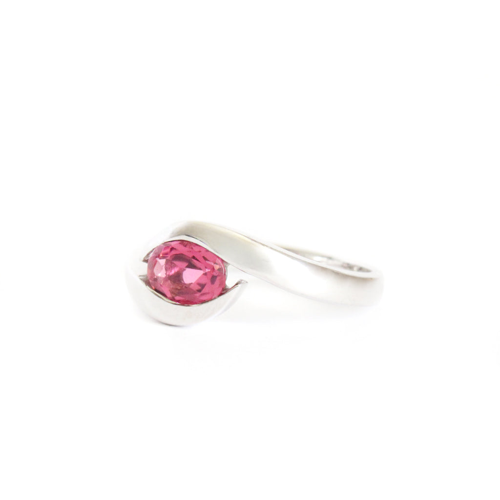 Curvaceous Split Band Oval Pink Tourmaline White Gold Ring