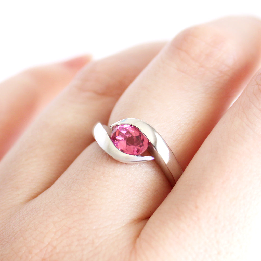 Curvaceous Split Band Oval Pink Tourmaline White Gold Ring