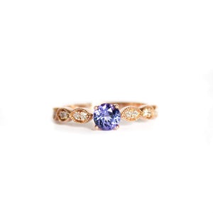 Delectable Double Diamond Filigree Crimped Band Round Cut Tanzanite Rose Gold Ring