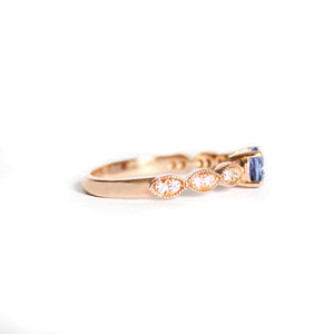 Delectable Double Diamond Filigree Crimped Band Round Cut Tanzanite Rose Gold Ring