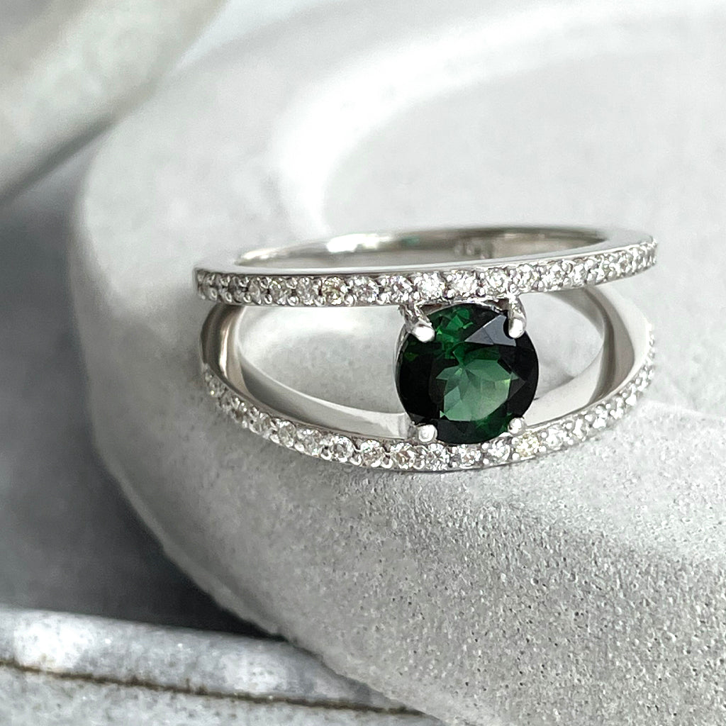 Diamond Encrusted Split Band Green Tourmaline Ring